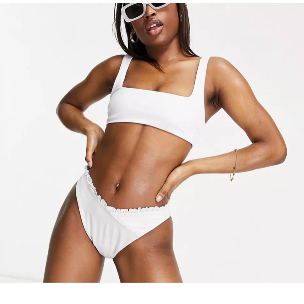 ASOS White Ruffle Bikini Bottom High Waist & Leg NEW